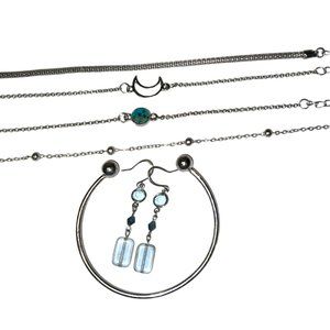 5 Silver Stacking Bracelets and Pair of Beaded Light Blue Earrings